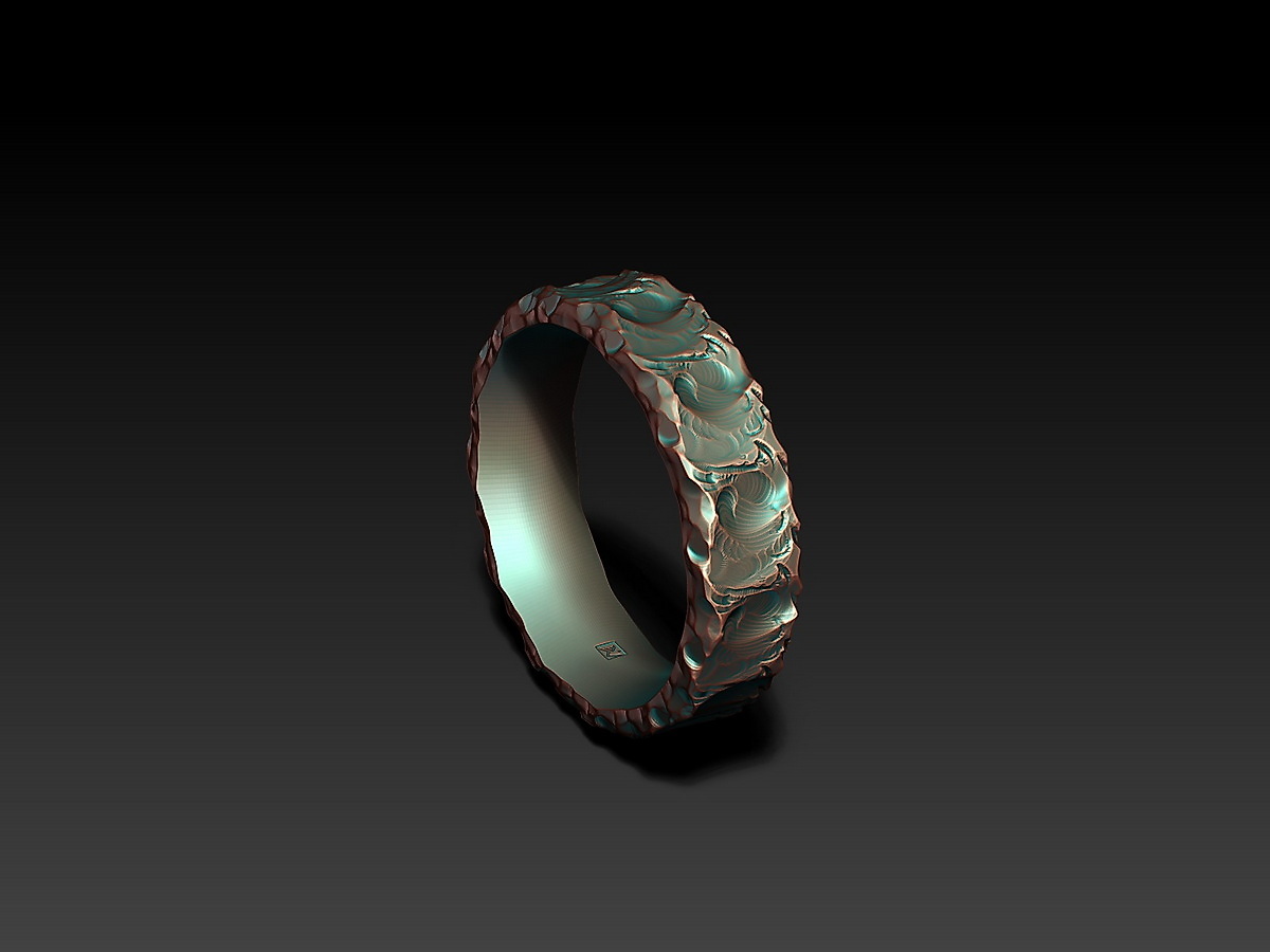 Upright three-quarter view of Rock and Wave Ring showing the layered wave-like forms, rough outer edges, smooth inner surface, and MF maker's mark